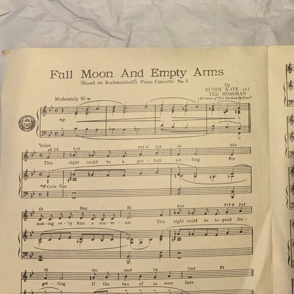 VINTAGE SHEET MUSIC - FRANK SINATRA on COVER - FULL MOON and EMPTY ARMS - Picture 3 of 3